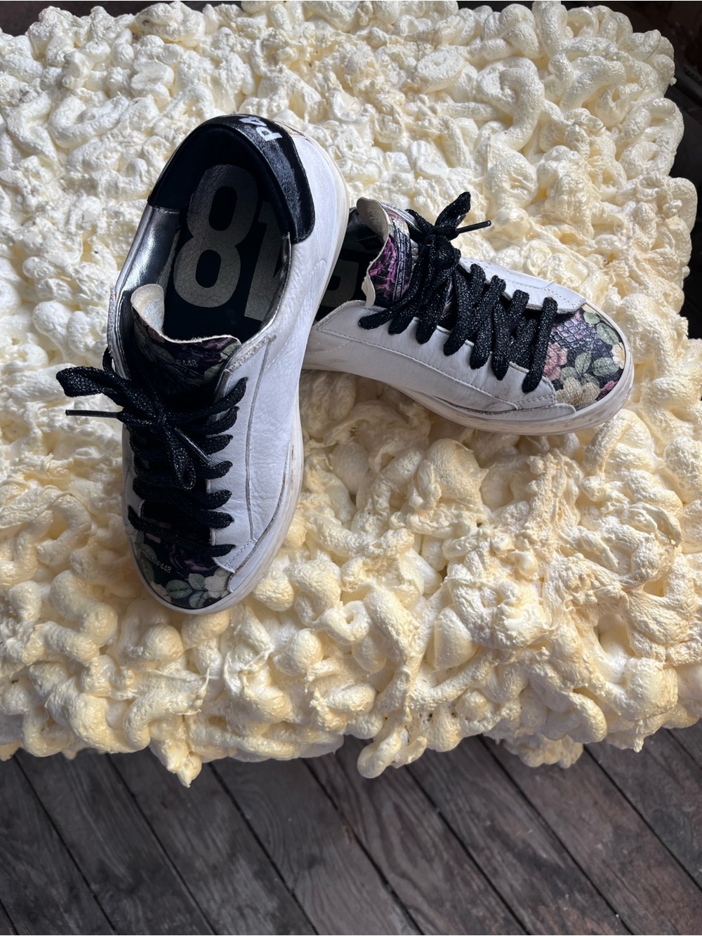 Women’s P448 Floral Accent White Leather Sneakers - Black Laces
